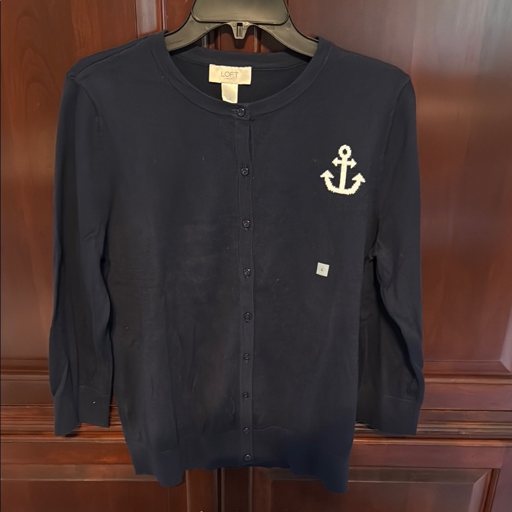LOFT Navy Cardigan with Anchor Detail